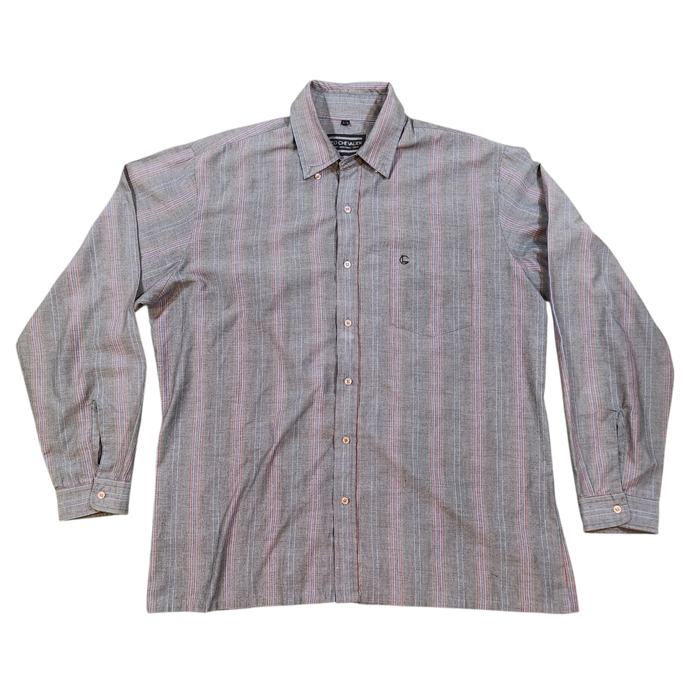 Vintage 80s Designer Men's Gray Button-Down Shirt with Pink Stripe Detail Rare